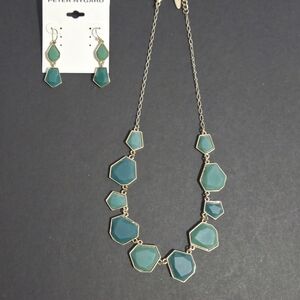 Peter Nygard Signed Panel Bib Teal, Green & Gold Necklace Set